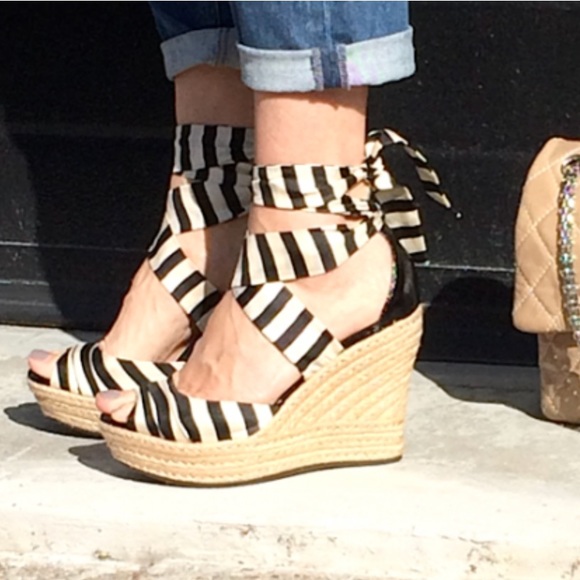 UGG Shoes - UGG ankle wrap wedge black stripe espadrilles heel